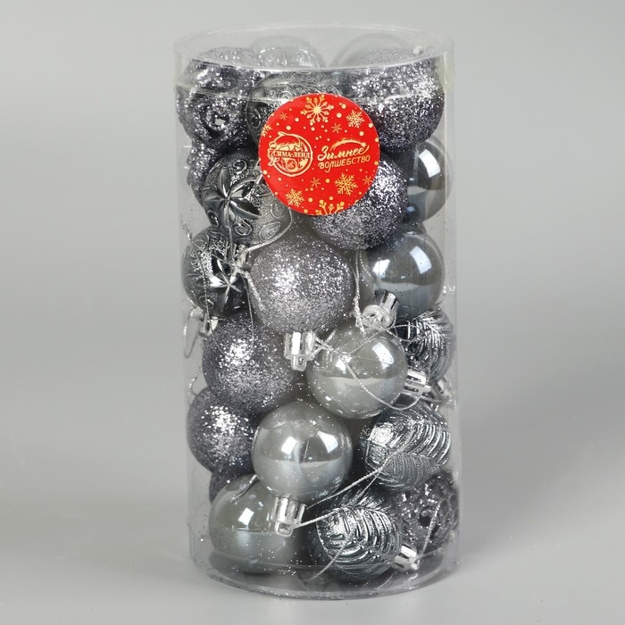 Набор шаров пластик d-4 см, 30 шт "Мелодия" орнамент, серый