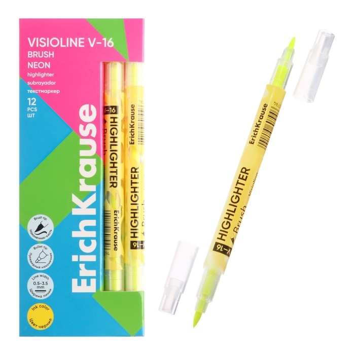 Маркер текстовыделитель 0,5-3.5 мм ErichKrause Visioline V-16 Brush Neon, двухсторонний, желтый неон, чернила на водной основе Маркер текстовыделитель 0,5-3.5 мм ErichKrause Visioline V-16 Brush Neon, двухсторонний, желтый неон, чернила на водной основе