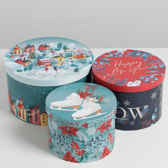 Набор коробок круглых 3 в 1 &laquo;Magic time&raquo;, 18 х 18 х 13 см, 20 х 20 х 14.5 см, 25 х 25 х15 см, Новый год