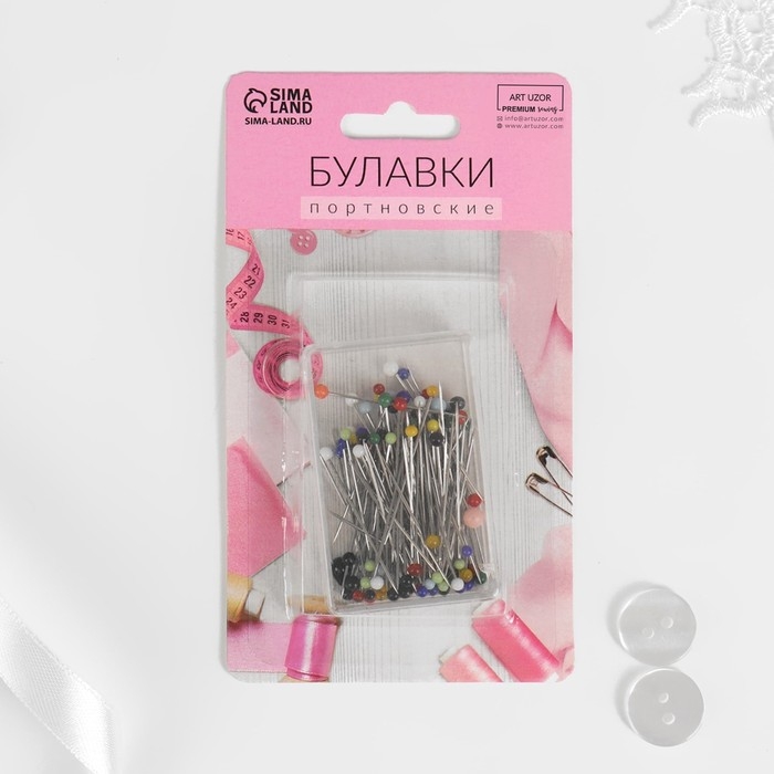 Булавки портновские Premium, стеклянная головка, 30 мм, 100 шт, цвет разноцветный