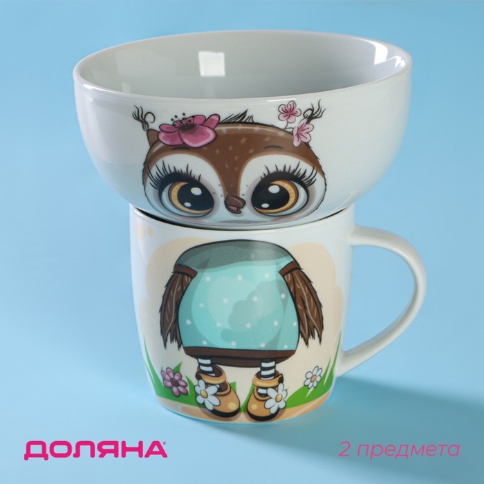 Набор детской посуды из керамики Доляна «Совенок», 2 предмета: кружка 230 мл, миска 400 мл, цвет белый Набор детской посуды из керамики Доляна «Совенок», 2 предмета: кружка 230 мл, миска 400 мл, цвет белый