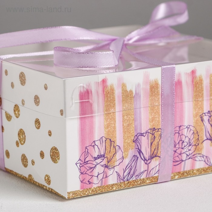 Коробка для капкейков, кондитерская упаковка, 4 ячейки &laquo;Flower patterns&raquo;, 16 х 16 х 7.5 см
