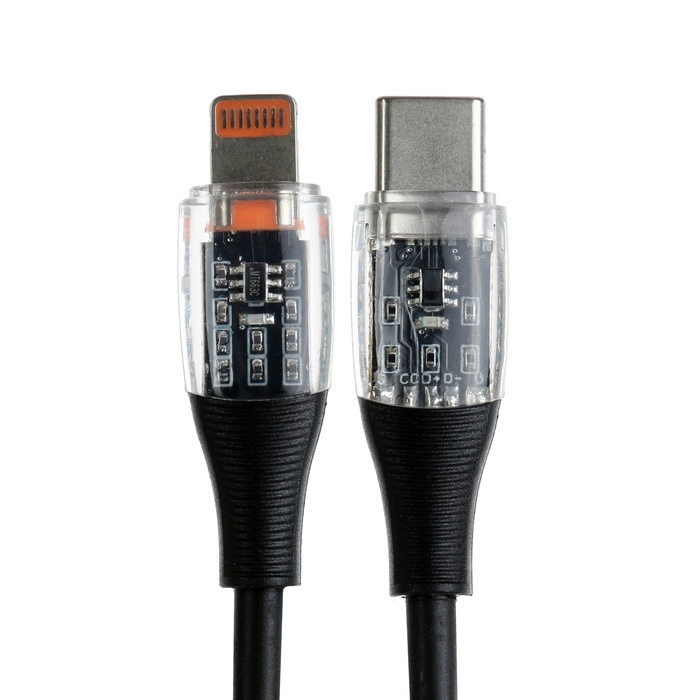 Кабель, 3 А, Type-C - Lightning, 20 W, прозрачный, TPE оплётка, 1 м, чёрный