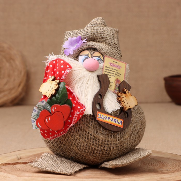 Оберег-домовой "Васек на мешковине, с красным мешком ",  26х21х21 см