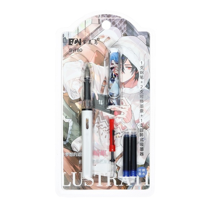 Ручка перьевая + 2 картриджа синих + поршень, на блистере, Ручка перьевая + 2 картриджа синих + поршень, на блистере, "Аниме", МИКС