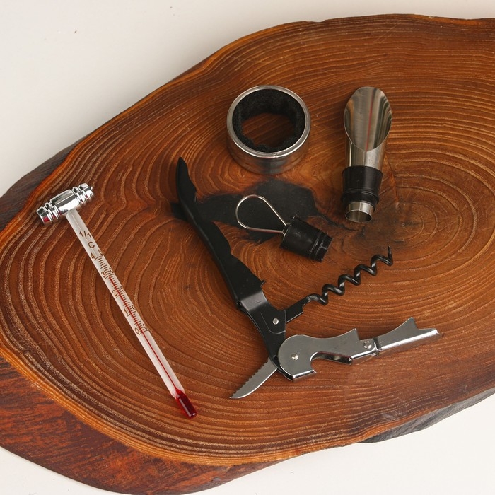 Винный набор: штопор для вина, аэратор, каплеуловитель, термометр «С Уважением» Винный набор: штопор для вина, аэратор, каплеуловитель, термометр «С Уважением»