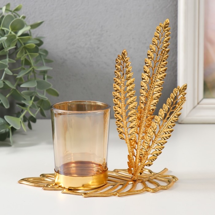 Подсвечник металл, стекло на 1 свечу "Высокие листы" d=4,7 см, золото 14,8х8х15 см