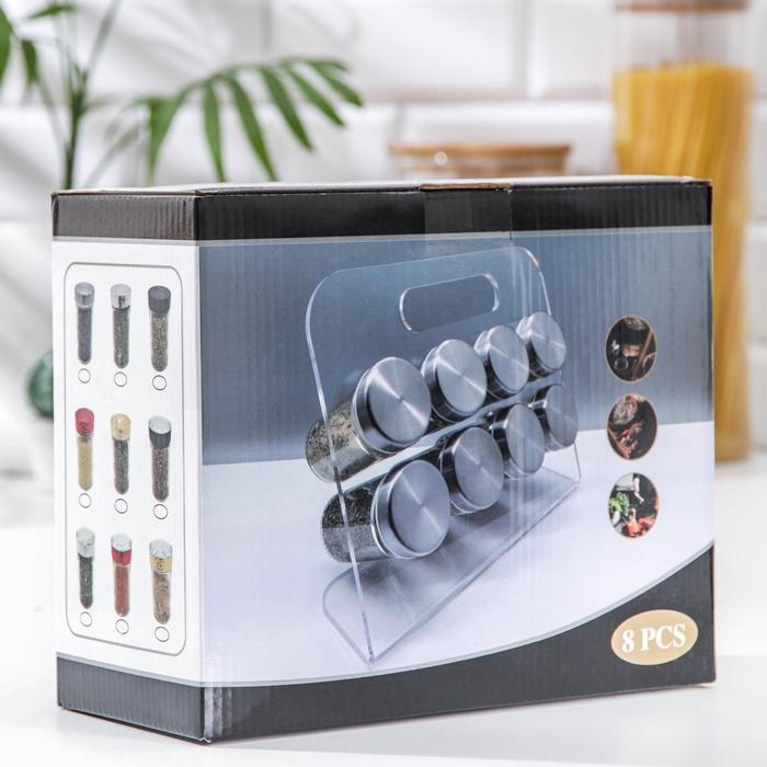 Набор для специй на подставке &laquo;Хай-тек&raquo;, 16&times;16&times;16 см, ёмкость, 90 мл, 4&times;9,5 см, 8 шт