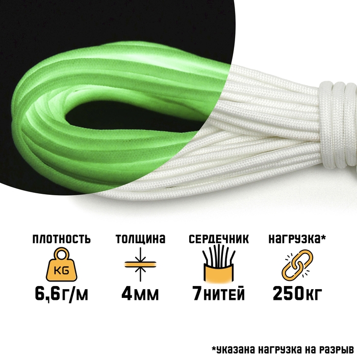 Паракорд 550 светящийся в темноте "Мастер К." 4 мм, 10 м, белый