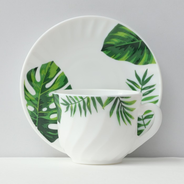 Сервиз чайный &laquo;Лист папоротника&raquo;, 12 предметов: чашка 200 мл, блюдце d=14 см, стеклокерамика, цвет белый