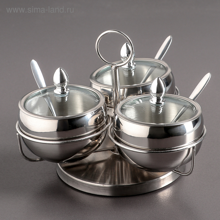 Набор сахарниц из нержавеющей стали, 340 мл, 19&times;14 см, на крутящейся подставке с ложками, 3 шт