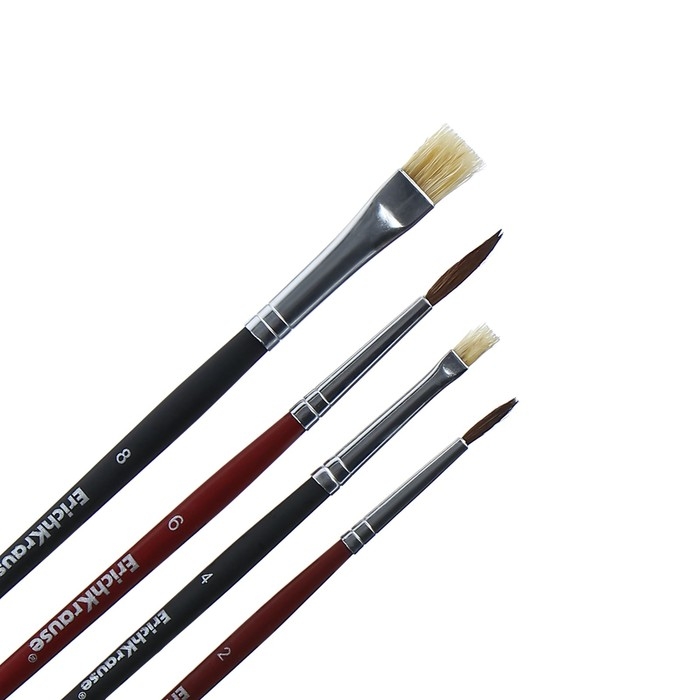 Набор кистей, микс, 4 штуки, Erich Krause. Состав: "Пони" круглые № 2 и № 6, щетина плоская № 4 и № 8, в блистере