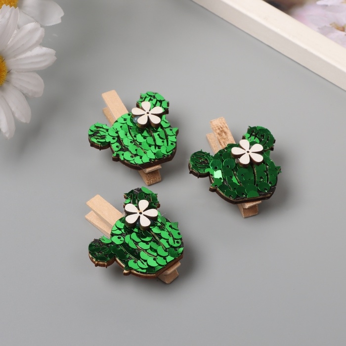 Декор для творчества дерево Декор для творчества дерево "Прищепка. Кактус с цветком" пайетки набор 3 шт 1,5х4х4,8 см