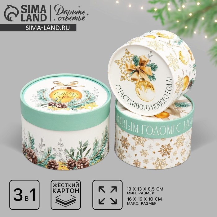 Набор шляпных коробок 3 в 1 «Золото», 16 х 10, 14 х 9, 13 х 8.5 см, Новый год Набор шляпных коробок 3 в 1 «Золото», 16 х 10, 14 х 9, 13 х 8.5 см, Новый год