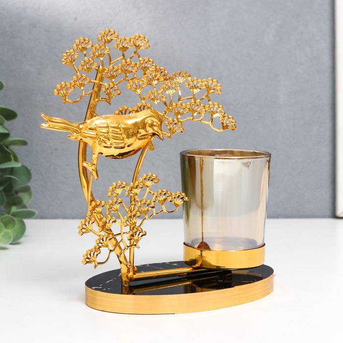 Подсвечник металл, стекло на 1 свечу "Птица на деревце" d-5 см, золото 8х15х17,5 см