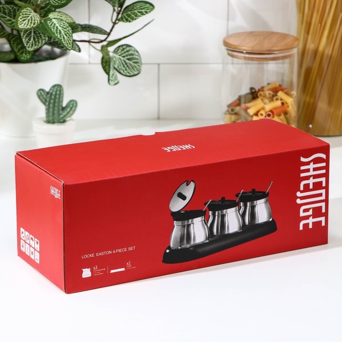 Набор стеклянных банок для сыпучих продуктов «Сияние», 31×12×12 см, на подставке, 3 шт, цвет чёрный Набор стеклянных банок для сыпучих продуктов «Сияние», 31×12×12 см, на подставке, 3 шт, цвет чёрный