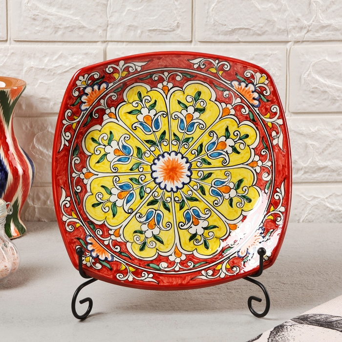 Тарелка Риштанская Керамика Тарелка Риштанская Керамика "Узоры", красная, 20 см, квадратная