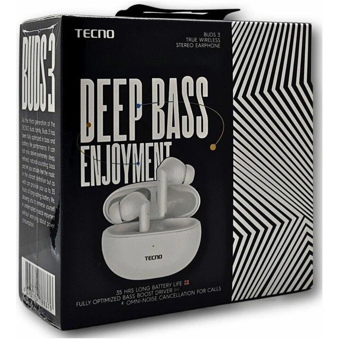 Наушники Tecno Buds 3, беспроводные, TWS, вакуумные, BT 5.3, 37/500 мАч, микрофон, белые