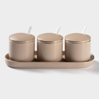 Банки для хранения сыпучих продуктов с ложками на подставке &laquo;Пастель&raquo;, 3 предмета: 250 мл, 8&times;8 см, керамические, цвет бежевый