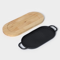 Сковорода чугунная &laquo;Овал. Гриль&raquo;, 37&times;16,5 см, с ручками, на деревянной подставке, чёрная