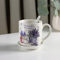 Кружка керамическая с ложкой на подставке «Лаванда», 330 мл, рисунок МИКС Кружка керамическая с ложкой на подставке «Лаванда», 330 мл, рисунок МИКС