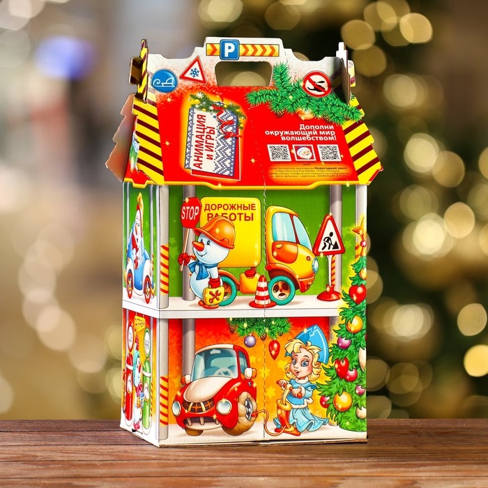 Новый год. Подарочная коробка "Парковка Снеговиков", 17,5 х 14,5 х 29 см.