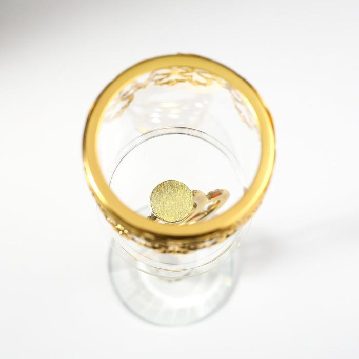 Подсвечник стекло на 1 свечу "Сплетение колец и восточный узор" золото, стразы 27х6,8х6,8 см   55153