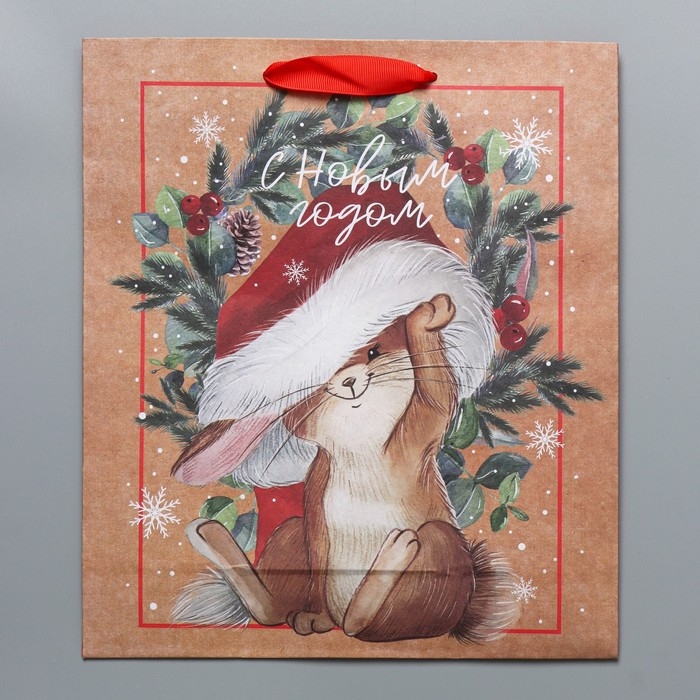 Пакет подарочный новогодний крафтовый вертикальный &laquo;Новогодняя пора&raquo;, M 26 х 30 х 9 см, Новый год