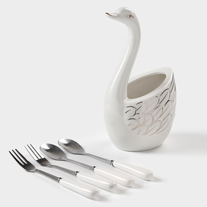 Подставка для столовых приборов &laquo;Лебедь&raquo;, 5 предметов: подставка 9&times;6,5&times;16,5 см, 2 ложки, 2 вилки, цвет белый