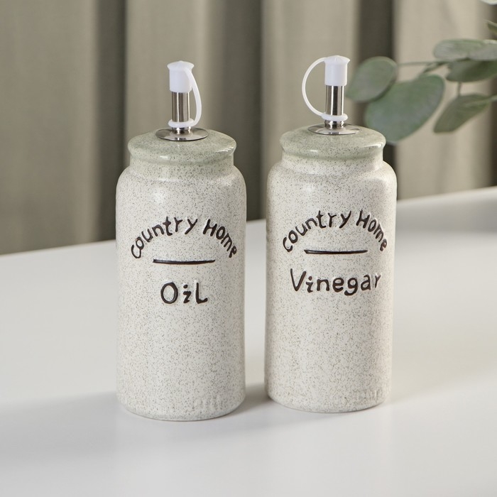 Набор керамический для специй и масел &laquo;Домик в деревне&raquo;, 4 предмета: солонка 115 мл, перечница 115 мл, бутыль для масла 350 мл, бутыль для уксуса 350 мл