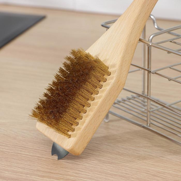 Щётка для гриля, 28&times;6&times;1,6 см, бук, латунный ворс, 77 пучков, скребок из нержавеющей стали