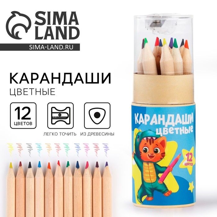 Цветные карандаши в тубусе, 12 шт. мини деревянные, заточенные &laquo;Синий&raquo;