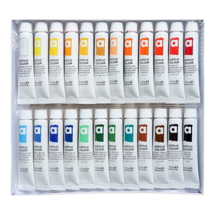 Краски акриловые 12 мл, в металлической тубе, в картонной коробке, 24 цвета