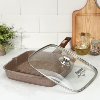 Сковорода-гриль &laquo;Гранит Brown&raquo;, квадратная, 28&times;28 см, съёмная ручка, стеклянная крышка, антипригарное покрытие, цвет коричневый