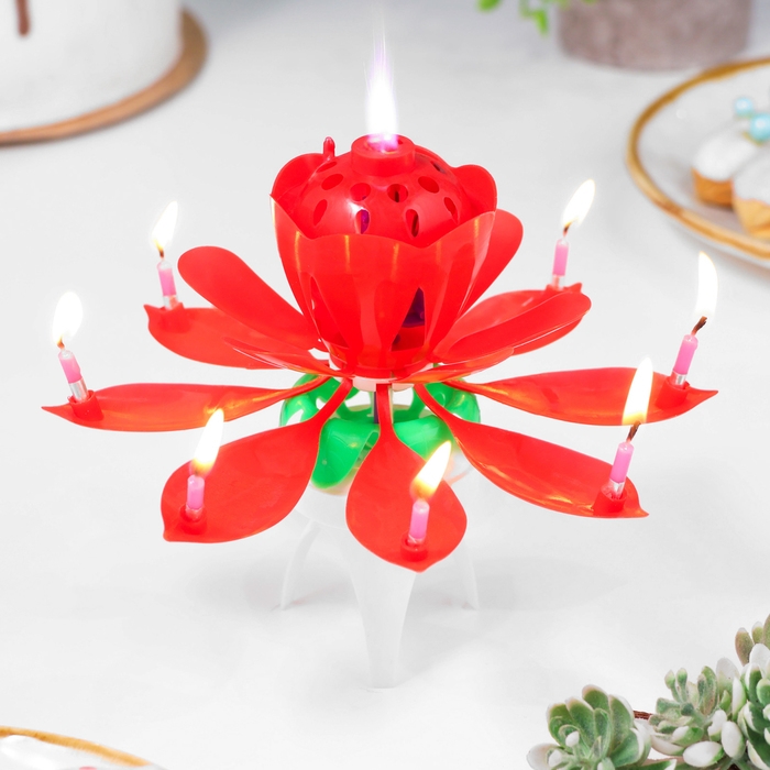 Свеча для торта музыкальная "Тюльпан", крутящаяся, красная, 14,5&times;6 см