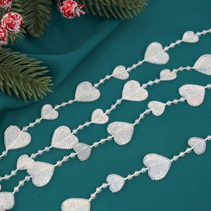 Бусы на ёлку 2 м d-20 мм "Сердца нити" прозрачный перламутр