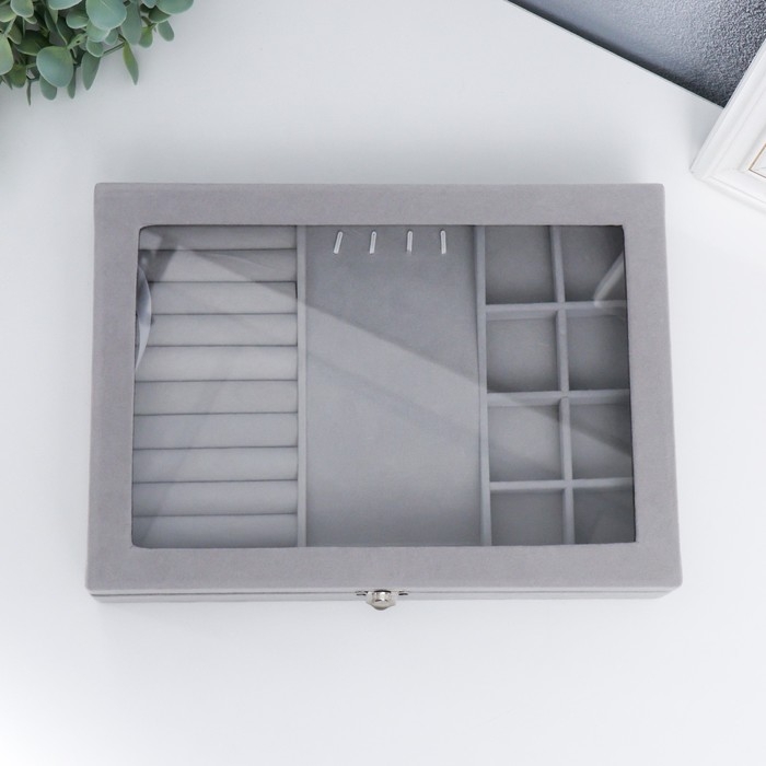 Шкатулка бархат для украшений (колец, колье и серёг) Шкатулка бархат для украшений (колец, колье и серёг) "Серый туман" 5х20х28 см