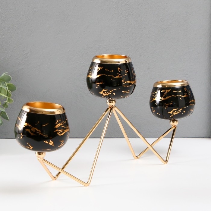 Подсвечник металл на 3 свечи Подсвечник металл на 3 свечи "Чёрный мрамор с золотыми прожилками - зиг-заг" золото 41х19см