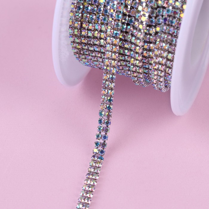 Цепь со стразами, с голографией, 2 ряда, металл, стекло, 4 мм, 4,5 &plusmn; 0,5 м, цвет серебряный