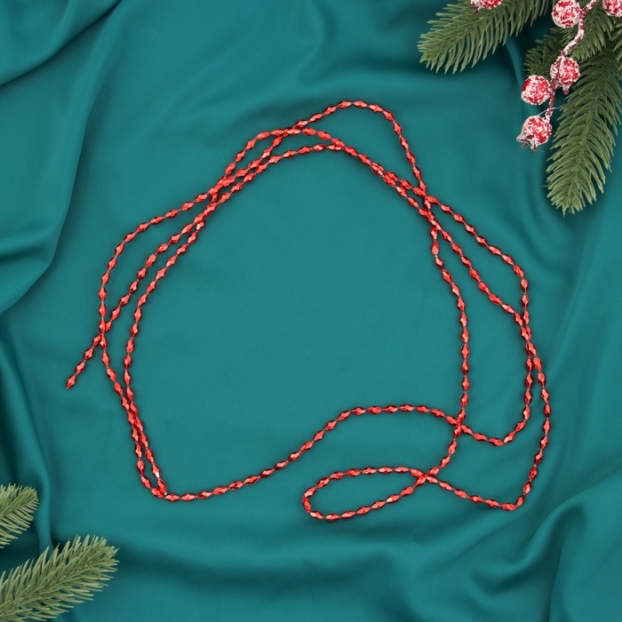 Бусы на ёлку 2 м d-3 мм "Овалы грани" красный