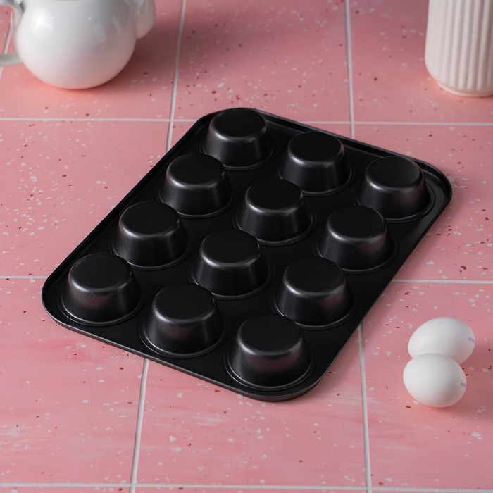 Форма для выпечки Доляна &laquo;Силикон плюс&raquo;, 35&times;26,5&times;2,5 см, 12 ячеек, силиконовые вкладки, антипригарное покрытие, цвет формочек МИКС