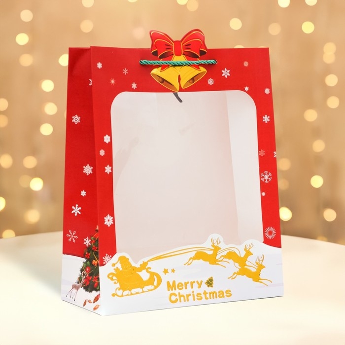 Пакет подарочный новогодний с окном Пакет подарочный новогодний с окном "Рождественский звон", тиснение, 26 х 32 х 12 см.