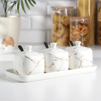 Банки для хранения сыпучих продуктов с ложками на подставке Gold, 3 предмета: 460 мл, 9,5&times;9,5 см, керамические, цвет белый