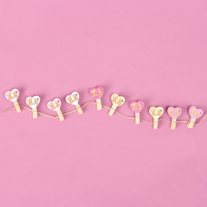 Прищепки декоративные с верёвкой для подвеса «Сердечки» набор 10 шт., 2,5 × 12,5 × 13,5 см Прищепки декоративные с верёвкой для подвеса «Сердечки» набор 10 шт., 2,5 × 12,5 × 13,5 см