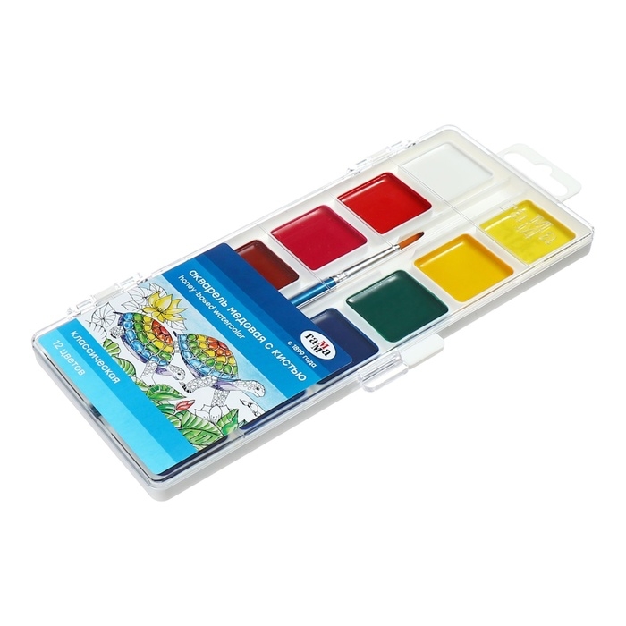 Акварель 12 цветов Гамма "Классическая", медовая, с кистью, пластиковая упаковка, европодвес (1009201)