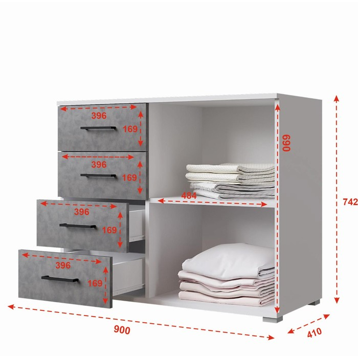 Комод Nova, 900х410х742, Белый/Бетон Комод Nova, 900х410х742, Белый/Бетон