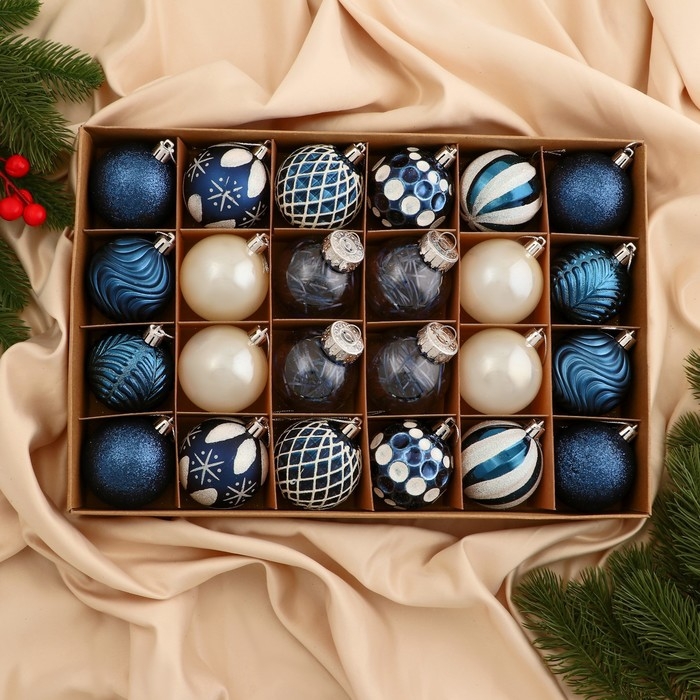 Набор шаров пластик d-6 см, 24 шт Набор шаров пластик d-6 см, 24 шт "Мелодия" ассорти люкс, бело-синий