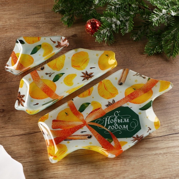 Новый год. Менажница стеклянная в форме ёлки &laquo;С Новым годом&raquo;, 29 х 26 см