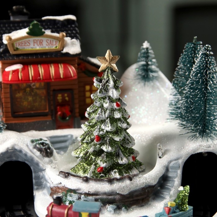 Светодиодная фигура &laquo;Поезд и ёлка&raquo; 20 &times; 20 &times; 16 см, полистоун, батарейки ААх3 (не в комплекте), USB, свечение тёплый белый