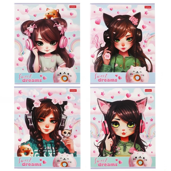 Тетрадь 40 листов в клетку "Девочка-кошка", обложка мелованный картон, блок офсет 65г/м2, МИКС